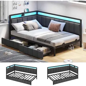 SIKAIC Twin XL LED Daybed - Line Fabric Upholstered Fence, Built-in Charging Station, Gray Indoor Bed Frame
