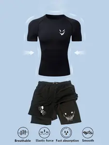 Men's Sporty Tight-Fit Quick-Dry Tee & Multi-Pocket Shorts Set, Fitted Design Activewear Clothes, Workout Sets, Ideal for Gym Running Training Fitness, Summer Outdoor Activities