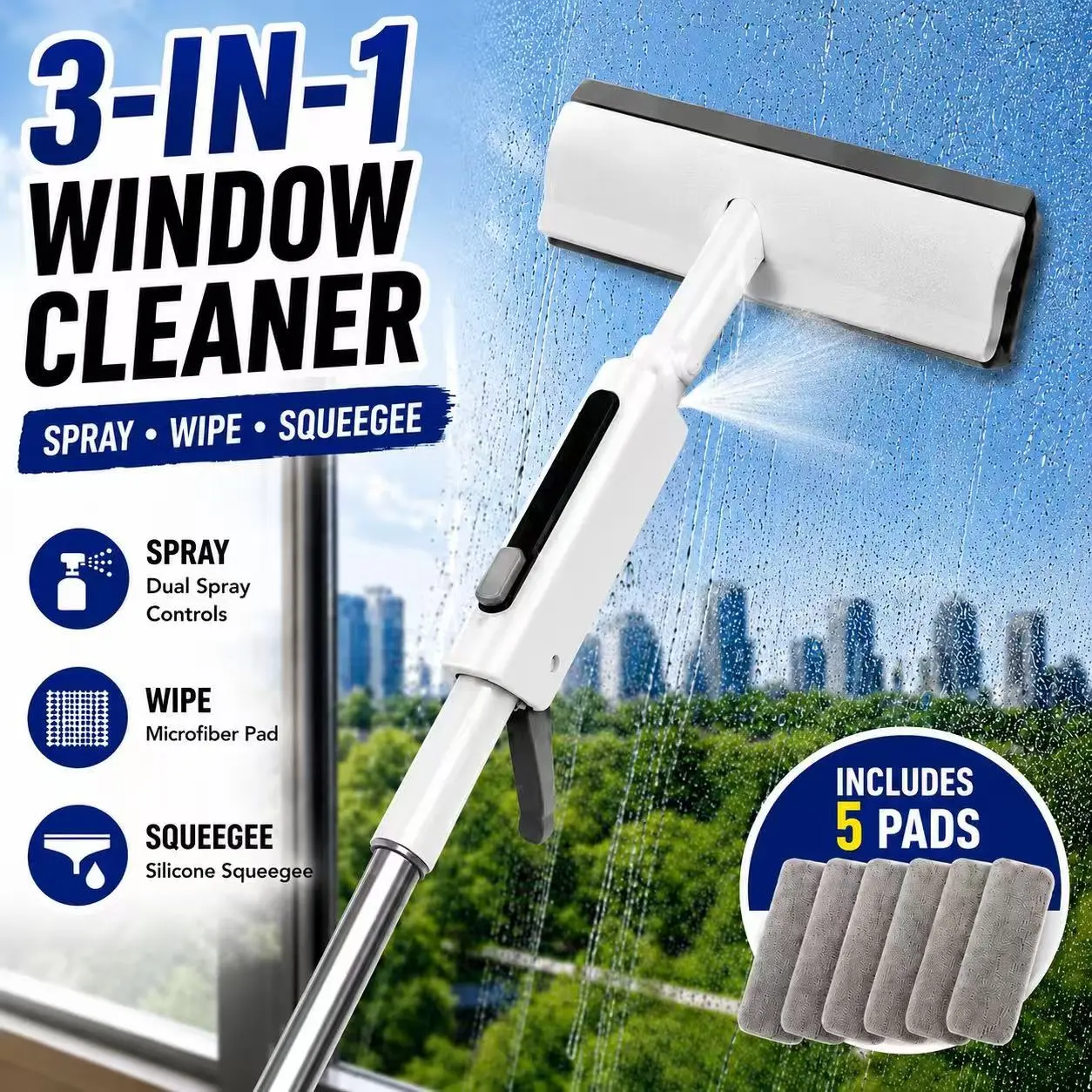 3-in-1 Spray Window Cleaner with Adjustable Pole, Glass Cleaning Tool for High Windows, Mirrors & Glass Surfaces