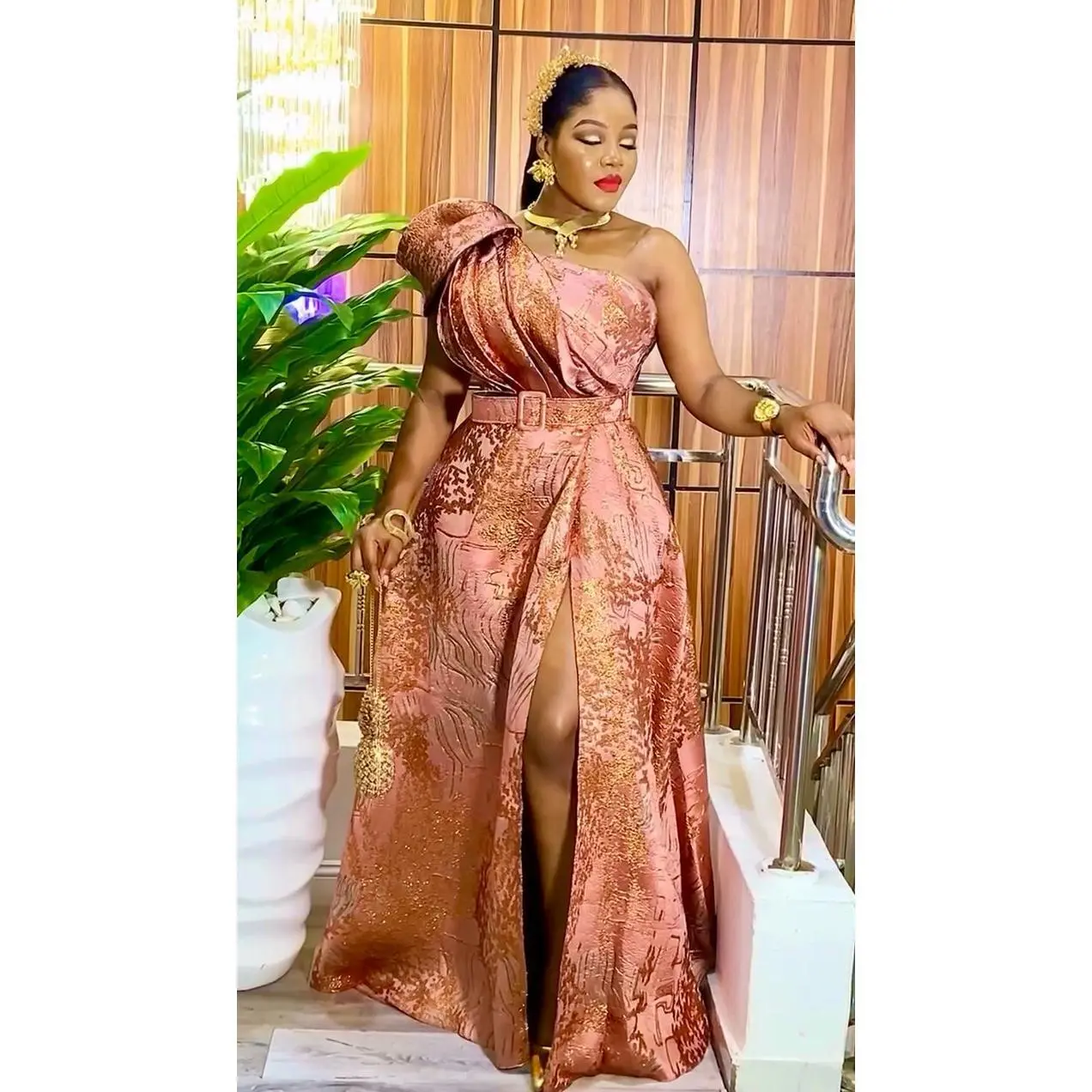 Elegant Blue One Shoulder Wedding Guest Brocade Maxi Dress with Front Slit  & Pockets Stylish Fit