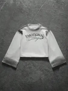 Men's Cropped Long Sleeve Shirt, Emotional Angel Graphic Ribbed Top, Crew Neck Loose Fit, Y2K Style, Fall & Winter Streetwear