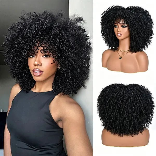 14 Inch Afro Kinky Curly Wig with Bangs Fluffy Voluminous Shake and Go Full Hair Replacement Synthetic Glueless Wear and Go Wigs for Black Women Daily Work Party