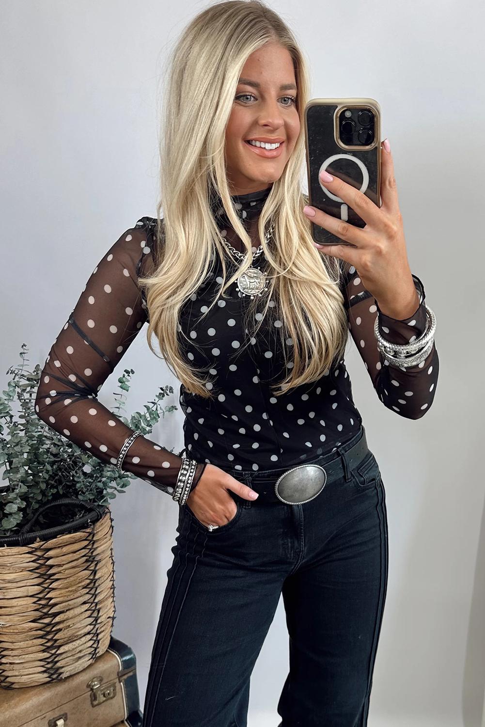 Znacicc Vintage Floral Mesh Blouse White Boho Mock Neck Long Sleeve Top for Women Elegant Design Perfect with Denim and Layered Necklaces