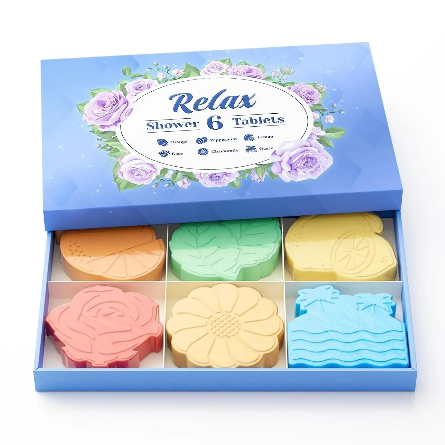 Shower Steamers 6 Pack Shower Bombs with  Shapes & Scents, Orange Peppermint  Rose Chamomile Sea, Self Care Shower Steamer, Stocking Stuffers Christmas Gifts for Women, Men
