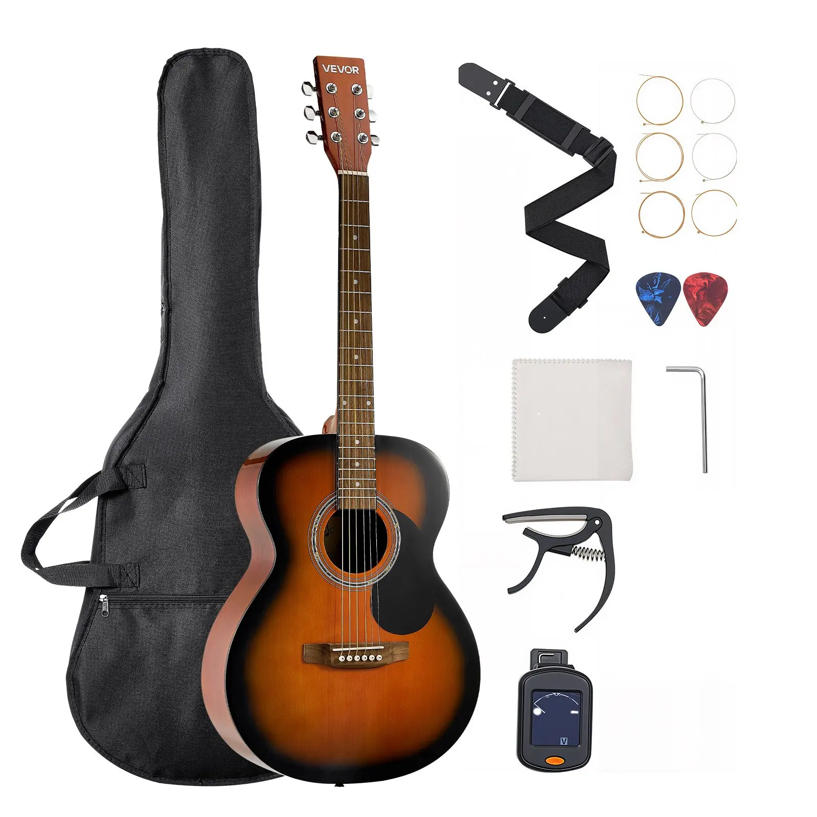 VEVOR Dreadnought Acoustic Guitar, 40 in, 6-String Sunburst Solid Top Guitar, Beginner Bundle with Gig Bag, Tuner, Strap, Steel Strings, Picks, Capo, Rosewood Fingerboard, for Adults, Skilled Players