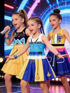 Girls' Summer Sleeveless Dress Set, Fashionable Geometric Pattern, Perfect for Stage Performances and Parties, Three-Piece