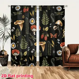 2D Flat 2Pcs Mushroom & Forest Plant Print Curtains, Rustic Nature Pattern Window Drapes, Semi Sunshade Pole Pocket Panels for Living Room Bedroom Kitchen, Accessory, Anti Privacy.