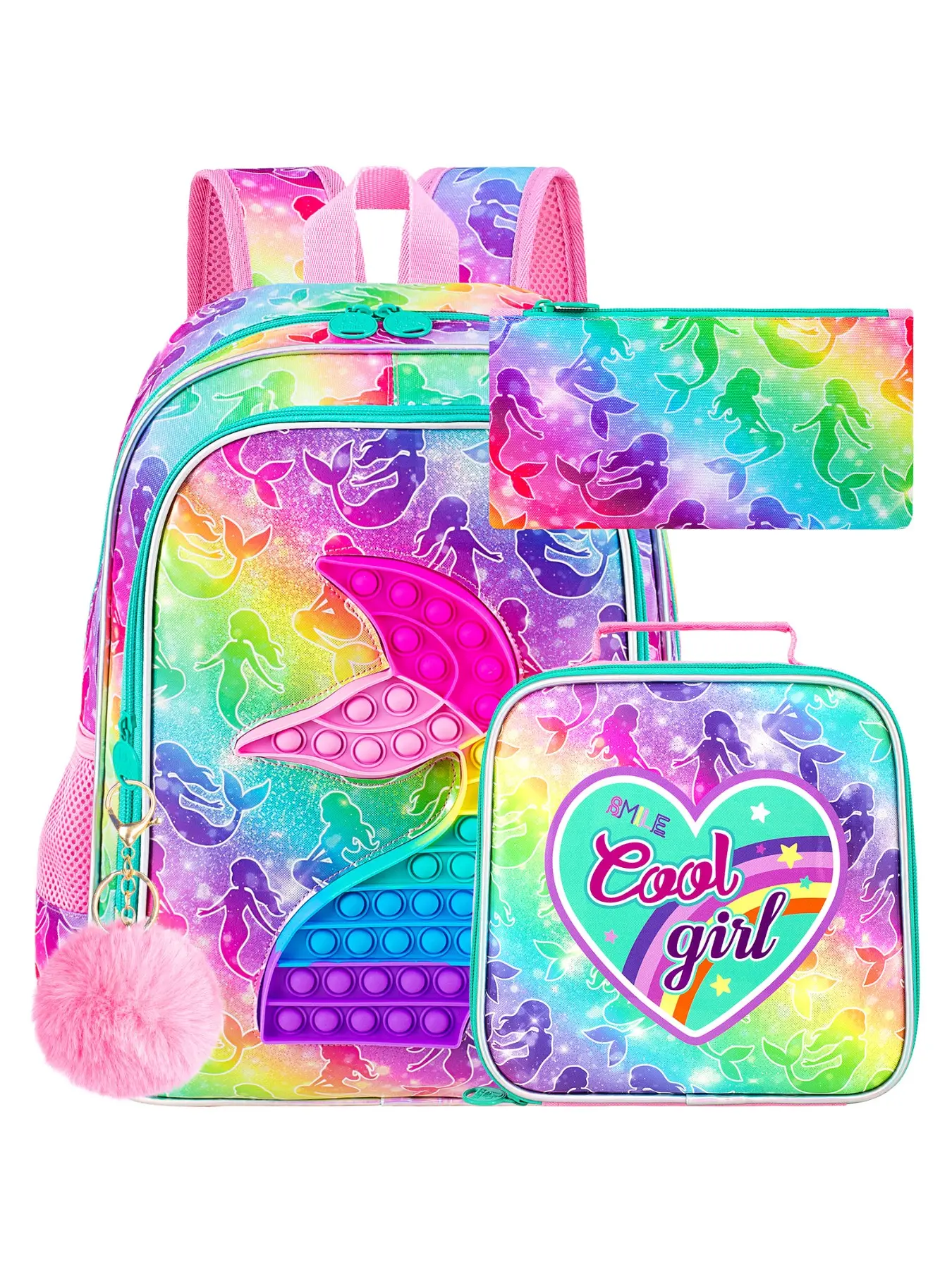 3PCS Mermaid Dual Sided School Backpack Set for Girls, 16”Kids Elementary Preschool Kindergarten School Bookbag with Lunch Box - Pink