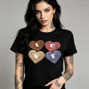 Men's Cotton Oversized T-Shirt - Loose, Breathable, Comfortable LOVE Knit Hearts Graphic Tee, Casual Black Top, Valentine's Gift Idea
