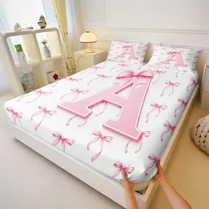3Pcs Pink Bow Letter Fitted Sheet Set No Fillers, Romantic Coquette Bed Sheet Set, Modern Aesthetic Bedding Set with Pillowcases, Deep Pocket for Twin Full Queen King Size Girls Bedroom Decor