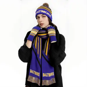 3PCS Knitted Baltimore Blue Yellow Ribbed Hat Scarf & Gloves Set Jacquard Design Elastic Warm Winter Accessories for Men Women
