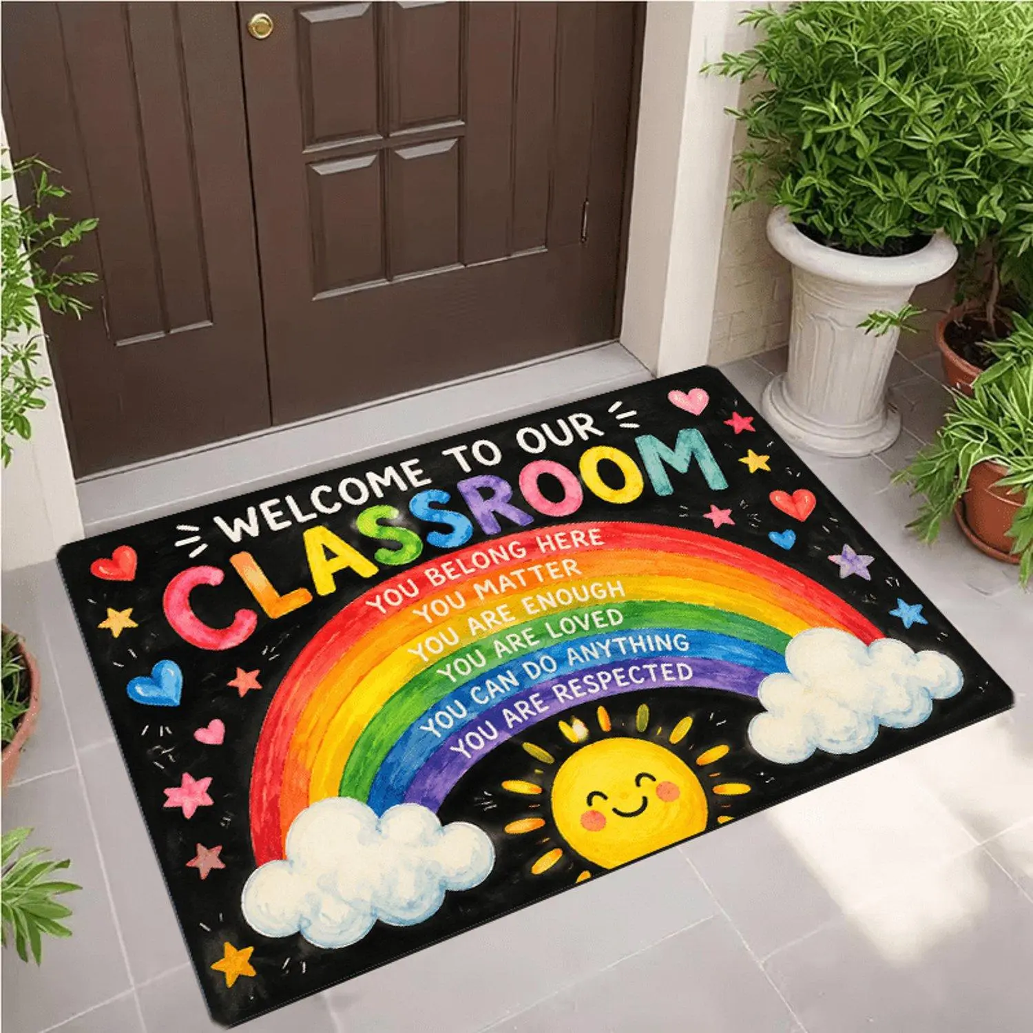1pc Door Mat Classroom Rainbow Sun Print Flannel Non-Slip Comfortable Easy Clean Ideal for Bedroom Living Room Home Decor Entrance Kitchen Bathroom Holiday Festive Choice