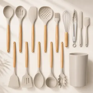 15-Piece Silicone Kitchen Utensil Set with Holder – Nonstick Cooking Tools with Wooden Handles