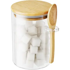 Sugar Jar Glass Salt Container,15 Ounces Clear Airtight Caning with Bamboo Lid and Spoon Scoop, Storage Overnight Oats, Salts, Coffee Bean, Spice, Creamer, Food Organizer, Pack of 1