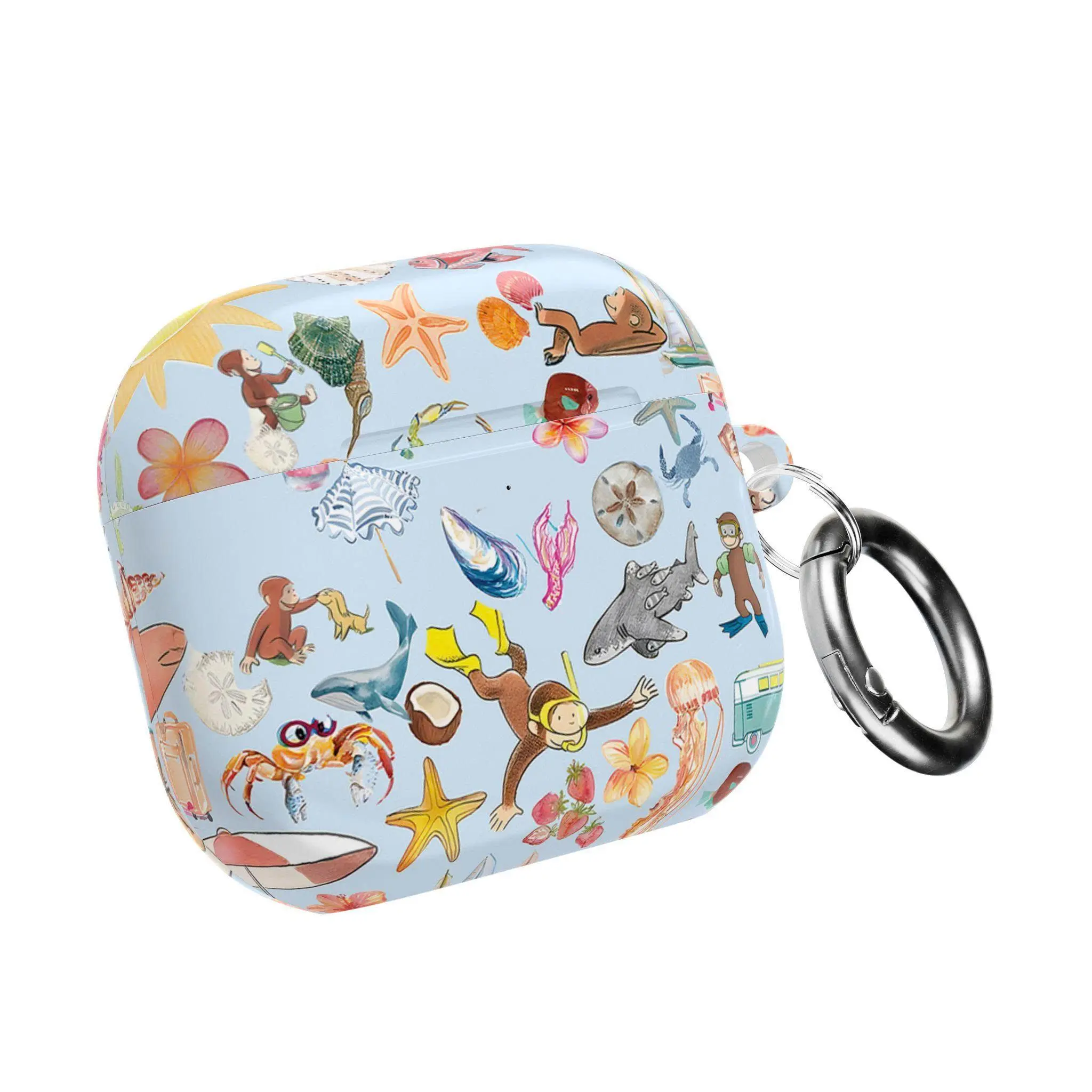 Curious Georgee Airpods Case, Cute Monkey Case, Cartoon Summer Vibes AirPods Case, Cute Beach & Ocean Pattern with Keychain Clip, Tech Accessories, aesthetic phonecase