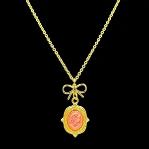 Dainty Pink Cameo Bow Necklace