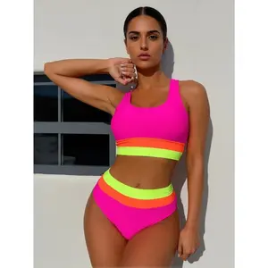 Trending Women's High-Waisted Colorblock Bikini Set - Trendy Two-Piece Swimsuit for Beach Vacation and Sunbathing bathing suit rash guard  KA-P221-07