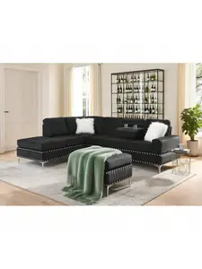 Luxury Multifunctional Three-seater Sofa,Reversible Recliner + Storage Stool + Cup Holder,Copper Nail Metal Legs,Free 2 White Fluffy Pillows