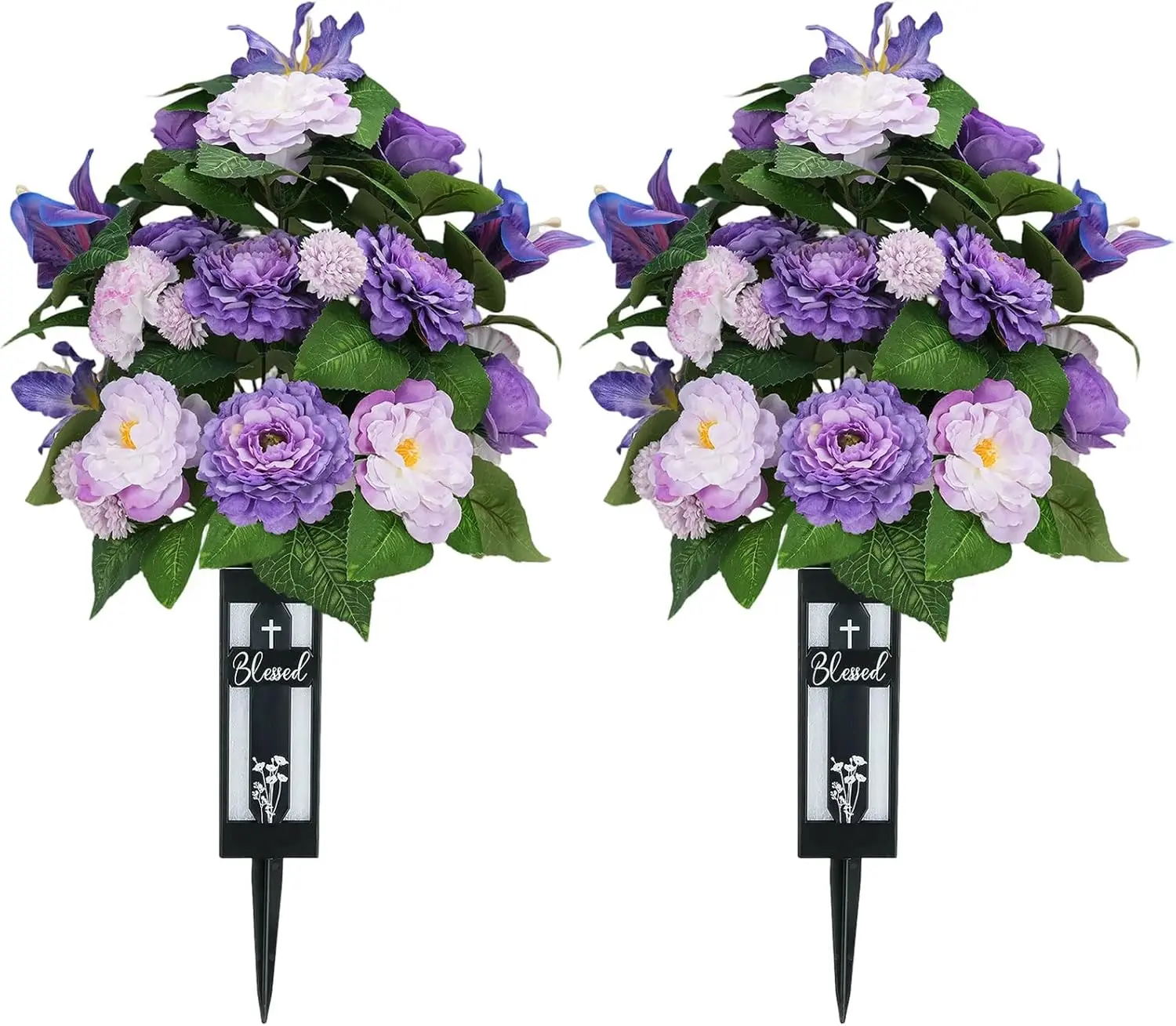 Silk Grave Flowers for Cemetery: 2 Pcs Purple Cemetery Flowers Grave Decorations Spring Easter Mothers Memorial Day - Outdoor Artificial Camellia Bouquets with Vases for Graveside