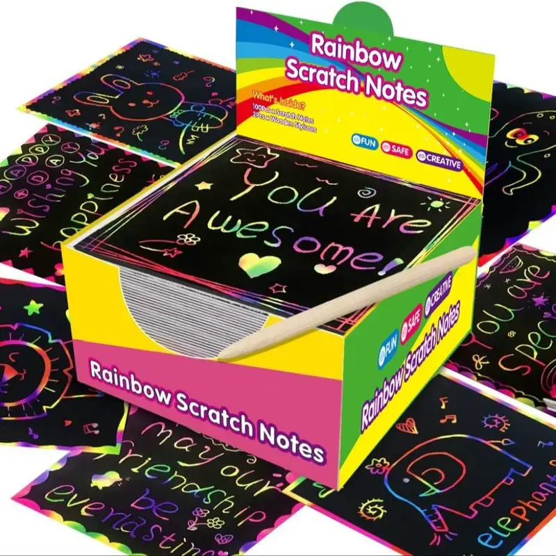 Rainbow Scratch Art Paper Set, 100 Sheets with 2 Wooden Stylus Pens, Magic Color Scratch Notes for Kids, No Ink Needed Screen-Free DIY Drawing Craft Supplies for Classroom, School Projects, Travel & Party Favors