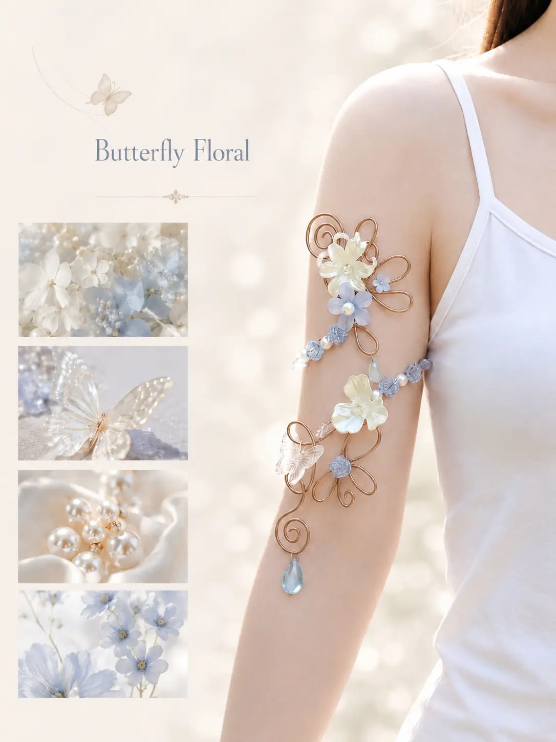 [NEW] Butterfly Floral Handmade Bracelets, Arm cuffs, Golden Floral Charm, Aesthetic Handmade Gift