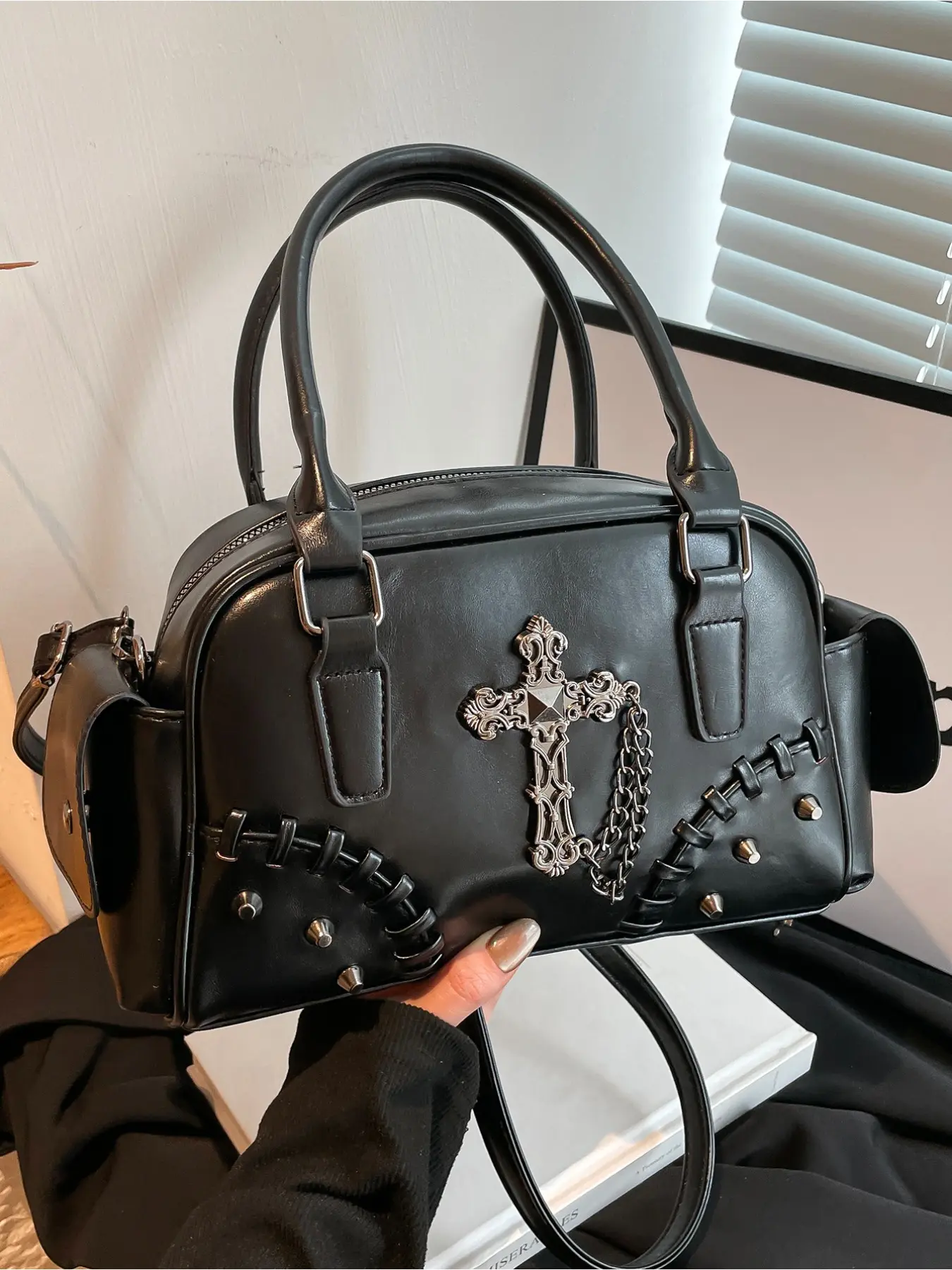 Gothic-Style Biker Girl's Signature Black Handbag Cross-Studded Design for Maximum Punk Flair Versatile Commuter Purse Bag with Shoulder or Crossbody Straps PU Leather Bag Casual Fashionable Crossbody Bag Trendy Purses Fashionable Bags