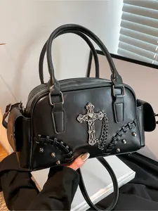 Gothic-Style Biker Girl's Signature Black Handbag Cross-Studded Design for Maximum Punk Flair Versatile Commuter Purse Bag with Shoulder or Crossbody Straps