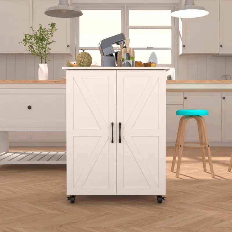 Bellemave Modern Wood Kitchen Island - Portable 2-Drawer Wood-Look Floor Cabinets, Sliding Barn Doors, Wheel Base, Cricut Cart for Kitchen, Dining Room Craft Use, Two-Drawer Floor Cabinets