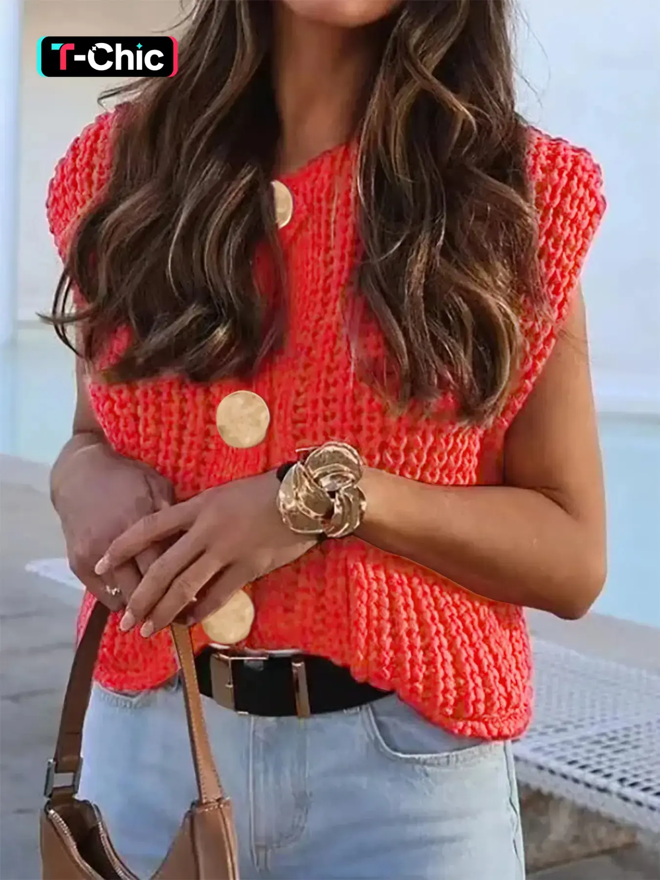 Women's Plain Button Front Pocket Sweater Vest, Casual Sleeveless Round Neck Knitwear for Spring, Fashion Women's Knit Clothing for Daily Wear, Tops