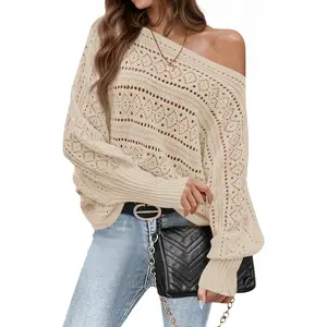 Imily Bela Womens Off The Shoulder Sweaters Fall 2025 Oversized Knit Batwing Long Sleeve Crochet Pullover Sweater Tops