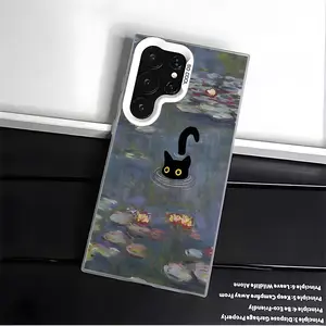 Black Cat & Lotus Pond Pattern Phone Case for SAMSUNG GALAXY S22 S23 S24 FE ULTRA PLUS Hard TPU PET PC Black White Stylish Gift Ideas Anti-drop Cellphone Protective Case Shockproof Protector Mobile Phone Cover