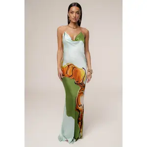 Green Tropical Print Golden Touch Satin Dress