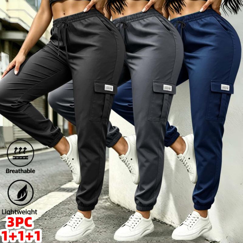Women's High Waist Cool Light Elastic-Fit Polyester Workout Joggers - Streetwear Athletic Bottoms with Utility Pockets, Drawstring, Waist Stay, Cool All-Day Wear (Black+Grey+Army Green, Blue)