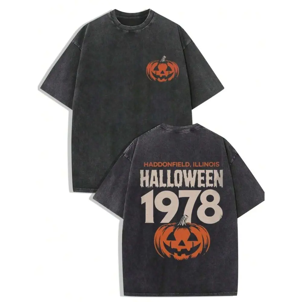 Halloween 1978 Haddonfield Vintage Washed T-Shirt – Oversized Michael Myers Pumpkin Graphic Tee for Men, Horror Movie Casual Shirt, Gift for Halloween Fans Black Cotton