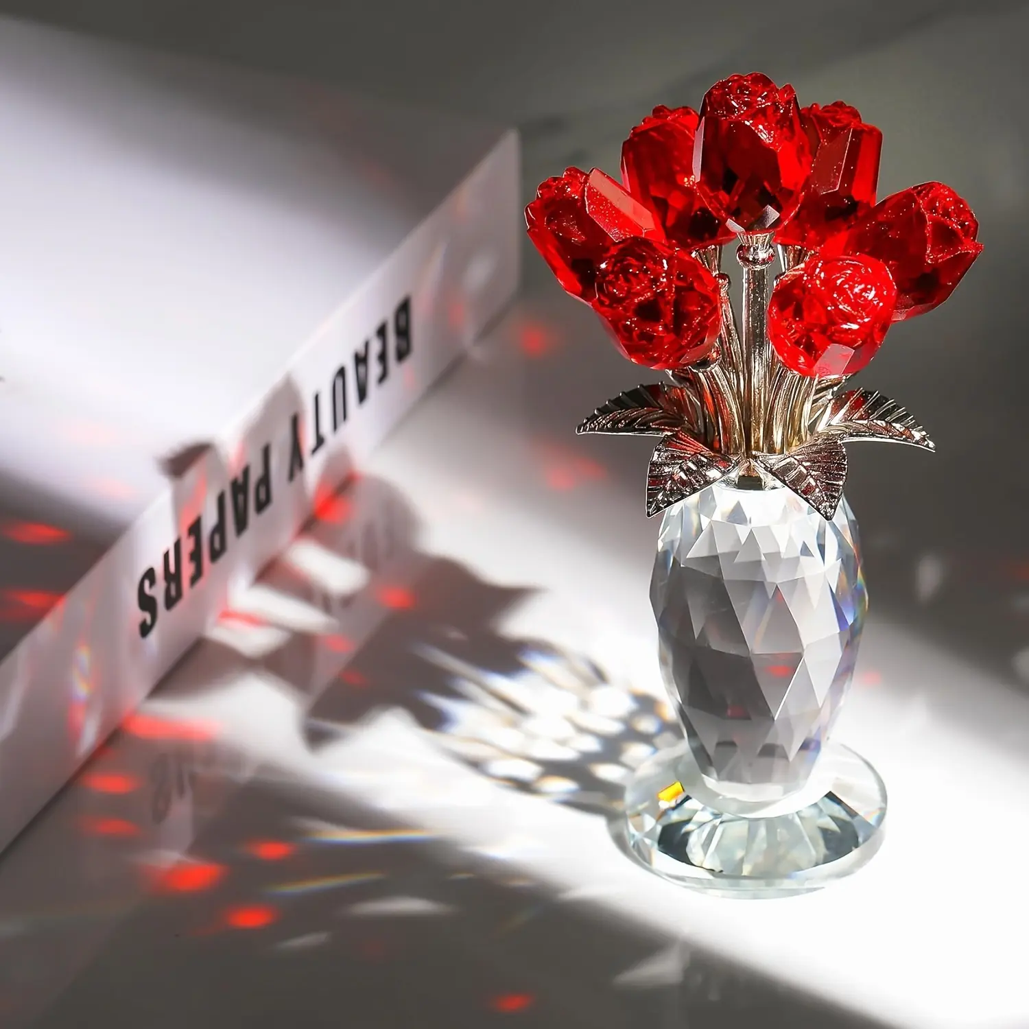 Crystal Seven Roses Sculpture with Elevated Base - Enchanted Love Symbolism, Elegant Valentine'S Gift for Her, Modern Home Centerpiece