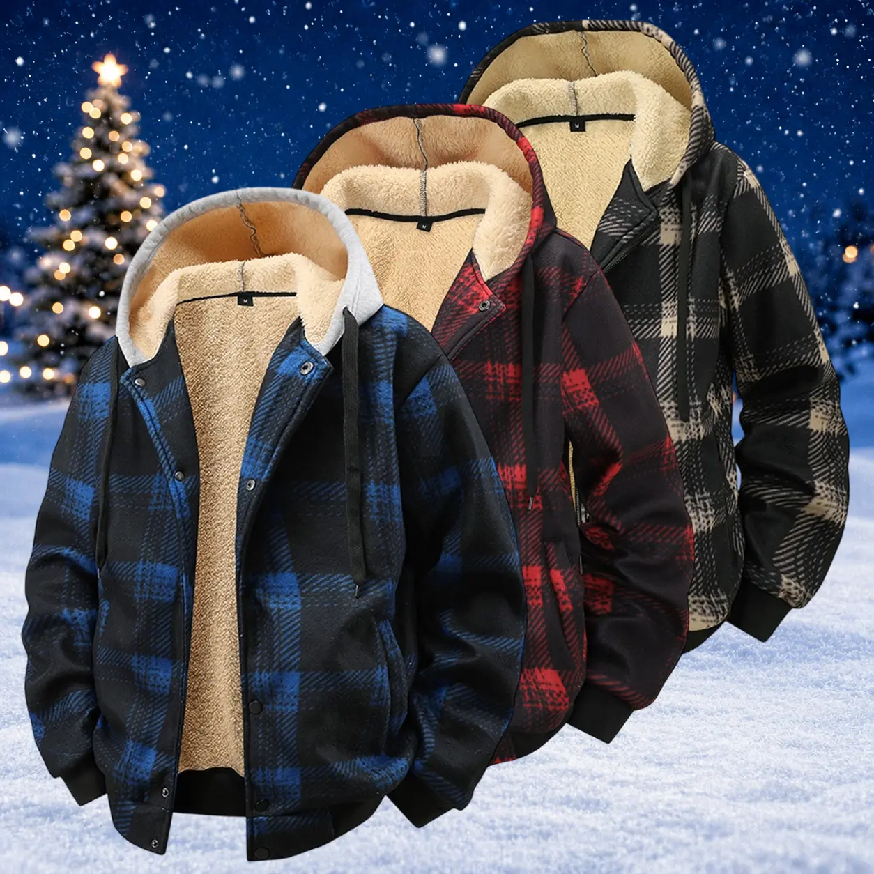 Men's Checked Polyester Flannel Tops, Heavyweight Sherpa Lined Hooded Zip-Up Shirt Jacket with Pockets, Winter Casual Menswear, Shacket, Long Sleeve