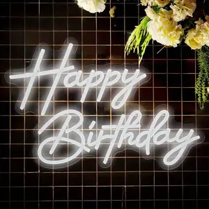 Happy Birthday - White Letter Neon Decoration, LED Illuminated Sign Wall Decoration, USB Powered Dimmable White Lighting Neon Light, Birthday Party Atmosphere Decoration Supplies, Easy Installation, Reusable, Birthday Party Gifts