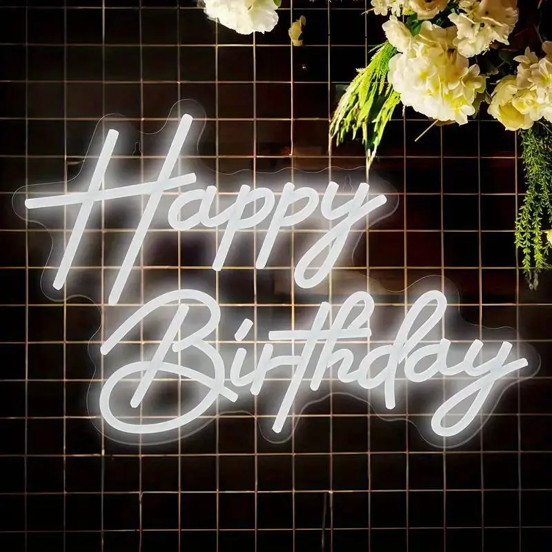Happy Birthday - White Letter Neon Decoration, LED Illuminated Sign Wall Decoration, USB Powered Dimmable White Lighting Neon Light, Birthday Party Atmosphere Decoration Supplies, Easy Installation, Reusable, Birthday Party Gifts