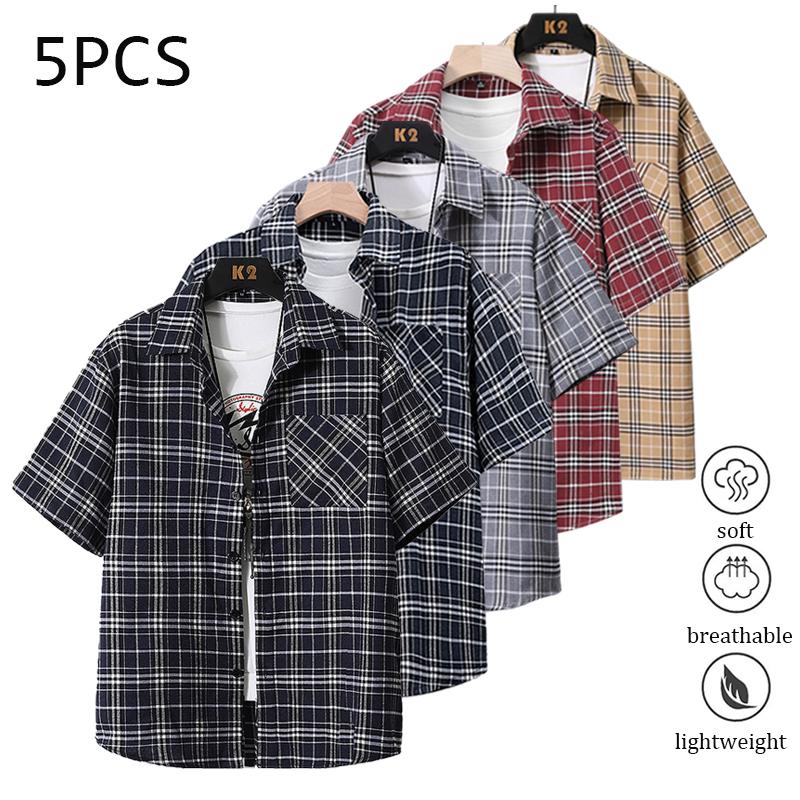 Men’s plaid button-collar long-sleeve cotton dress shirt, regular fit; plaid shirt; men’s top suitable for beach vacations, pool parties, and everyday casual wear; men’s shirt; men’s short-sleeve top Men's Striped Quick-Dry Polo Set Lightweight