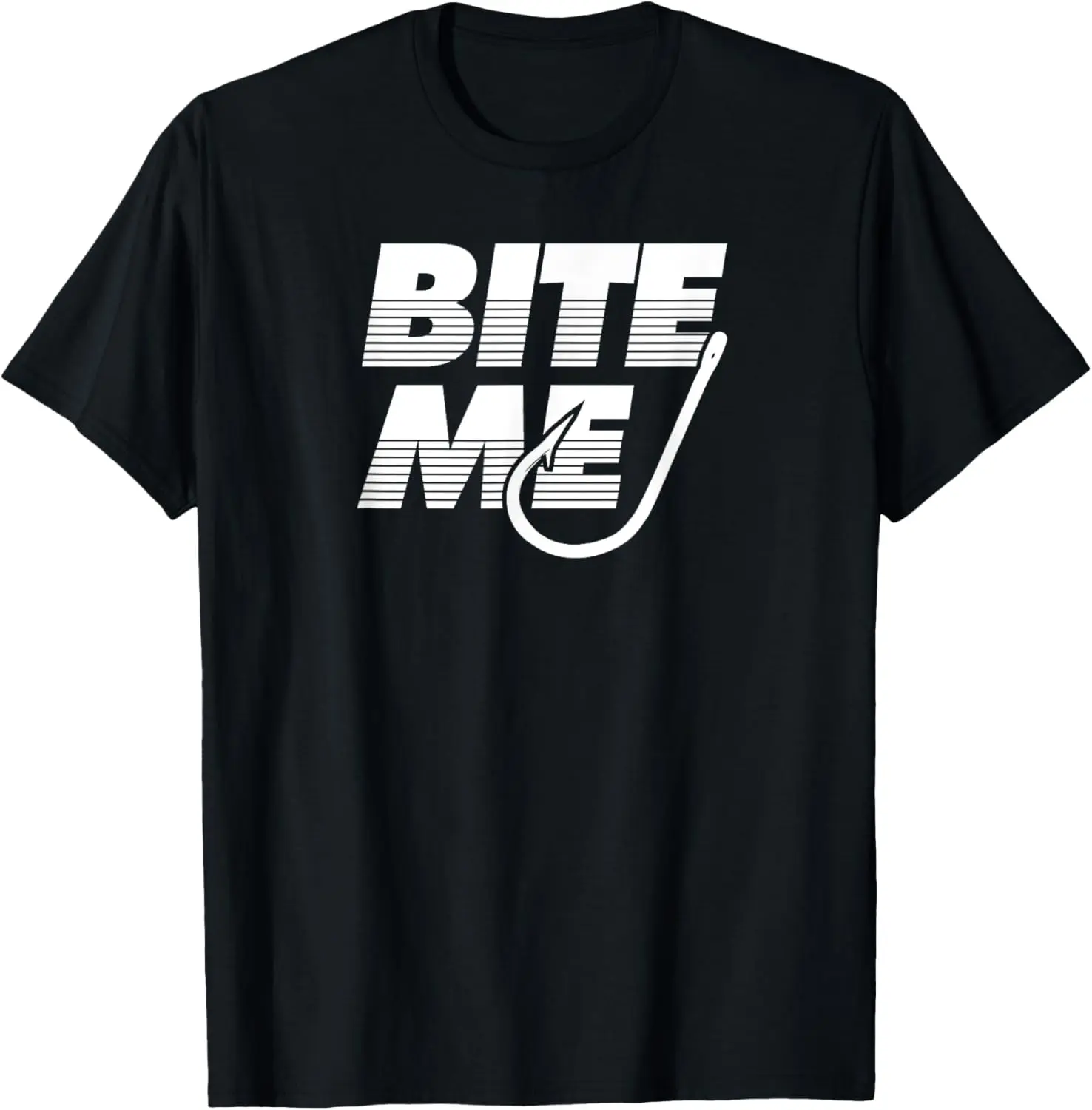 Men's Letter "Bite Me - Bass Fishing Hook Funny Trendy Fisherman Joke" Print Round Neck Tee, Regular Fit Casual Short Sleeve T-shirt For Summer, Men's Top For Daily Outdoor