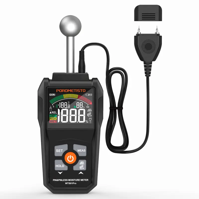 POROMETISTO-WTS01Pro Digital Wood Moisture Meter, 2 in 1 Pin & Pinless Probe sensor, Non-Destructive Moisture Detector, Visual & Audible Alarm, for Wood Drywall Concrete Building Materials Wallboard, Humidity Tester Tool Hardware Home Heavy Duty