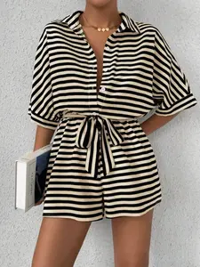 Women's Striped Jumpsuit, Womenswear, Overalls, Casual Loose-Fitting Half Sleeve, Perfect for Leisure and Parties, Fashionable Style and Versatile, All Seasons Wear