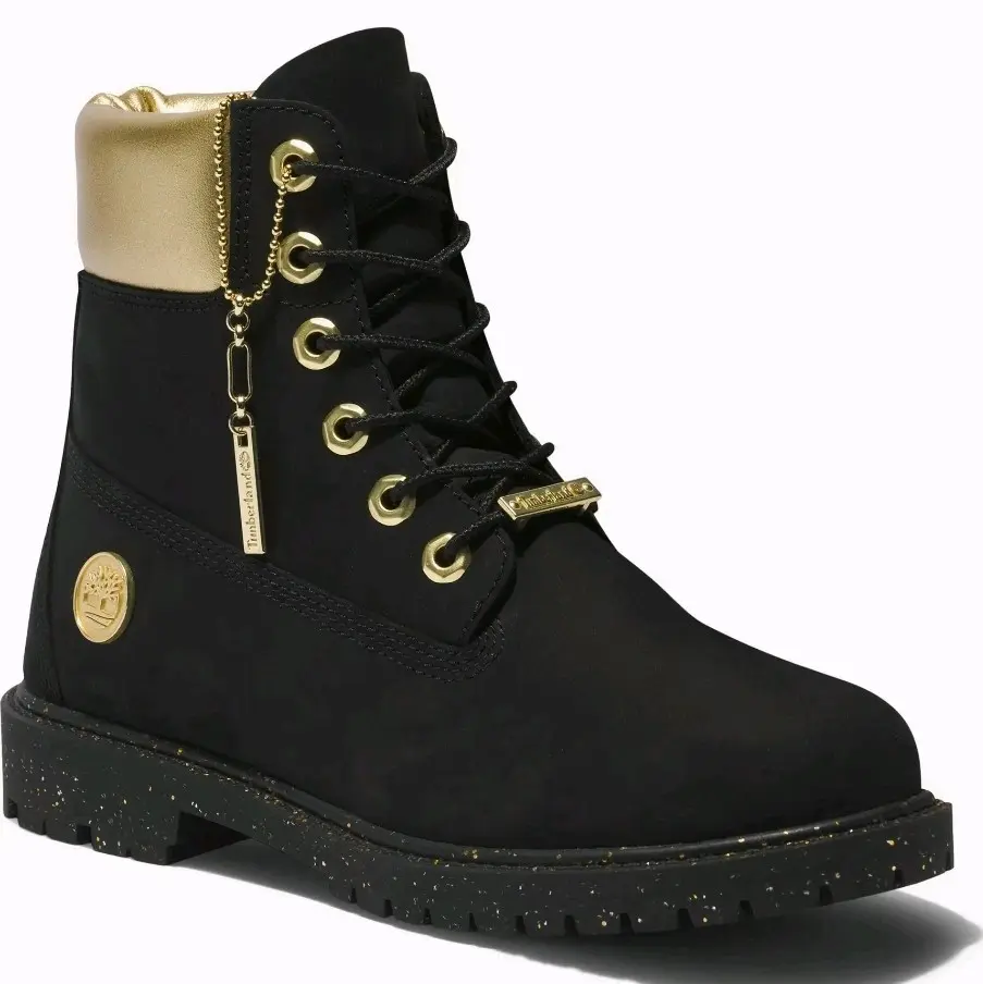Timberland Heritage Women's 6 Inch Waterproof Leather Boots Black Gold Size 7.5