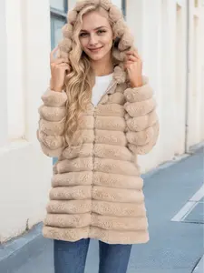 Red Marine Womens Mid Length Floral Cut Rabbit Fur Jacket - Stylish Warm Coat with Hoodie, Elegant Outerwear for Winter, Casual Long Sleeve Fit