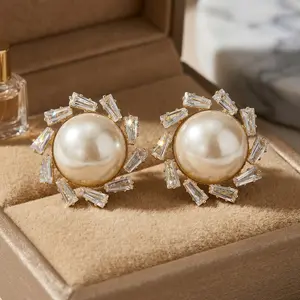 S925 Sterling Silver Post Gold Tone Faux Pearl Baguette Cubic Zirconia Stud Earrings | Elegant Halo Statement Earrings for Women