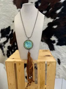 Art By Amy 21" Ceramic Native Chief Silver Ball Chain & Leather Tassel Necklace