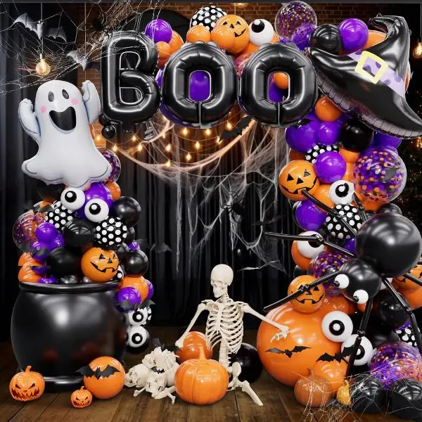 192PCS Halloween Balloon Arch Kit - Black, Orange, Purple Balloons with Ghost, Witch Hat, BOO Foil, Pumpkin, Spider Web Designs for Haunted House, Fall Celebration