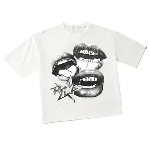 Men's Graphic Print Short Sleeve T-shirt Y2K Lip Design Bold Letter Casual Tee Round Neck Boxy Fit Breathable Cotton Comfortable Summer Top