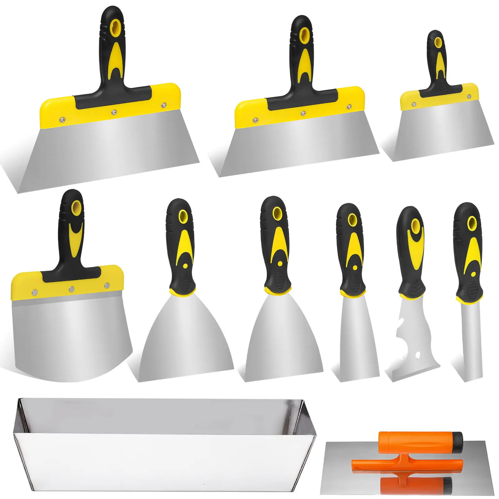 11 Pcs Stainless Steel Drywall Hand Tool Kit - Tools and Gadgets for Construction, Drywall Finishing - Includes Taping Knives, Putty Knives, Finishing Trowel, Scoop, 12-in Mud Pan (Home Supplies)