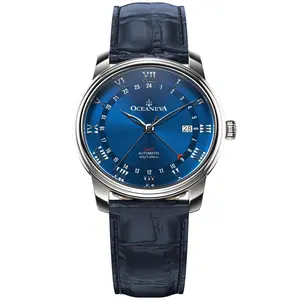 Oceaneva Men's OceanTrek GMT Automatic 200m Leather Watch Blue Italian Leather Strap 316L Stainless Steel Case 41-Hour Power Reserve